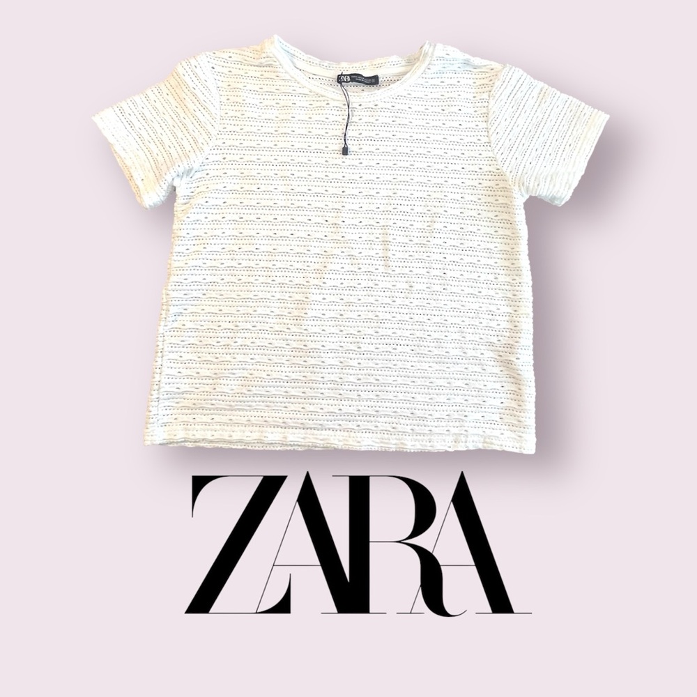 NWT Zara Crocheted White Cropped Short Sleeve Shirt Size Medium